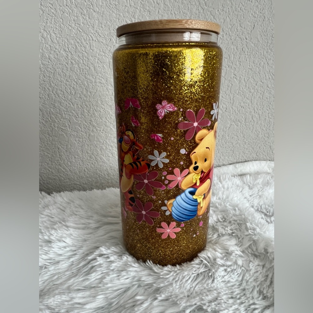 Snow globe glass cup with straw, handmade Winnie the Pooh new